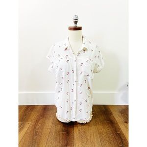 lucky brand ditsy floral sheer white button down short sleeve blouse top
